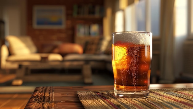 Refreshing glass of beer on a table during golden hour