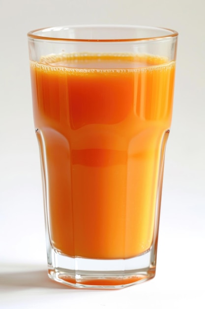 A refreshing glass of carrot juice glistening with vitality against a pristine white backdrop