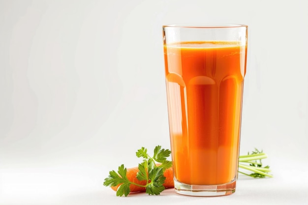 A refreshing glass of carrot juice glistening with vitality against a pristine white backdrop