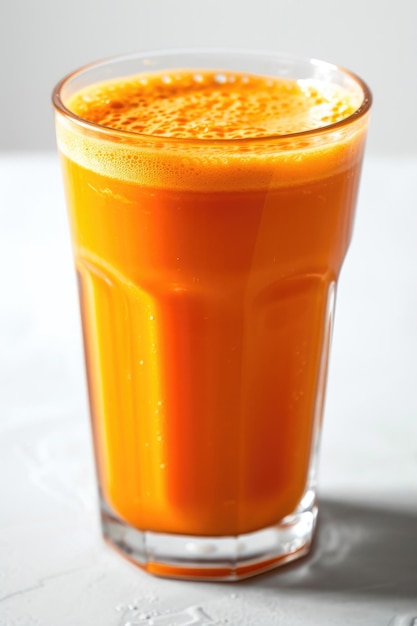 A refreshing glass of carrot juice glistening with vitality against a pristine white backdrop