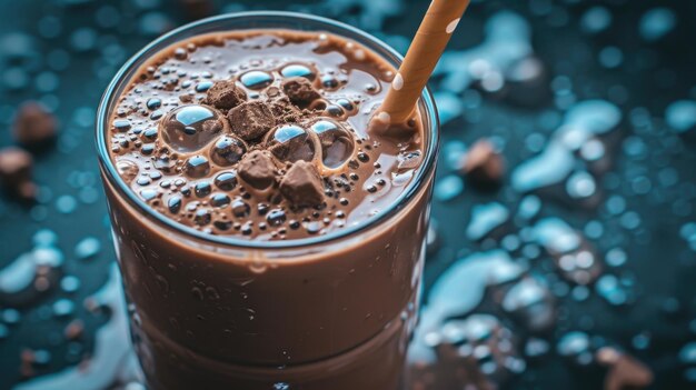 Foto un bicchiere rinfrescante di latte al cioccolato con una cannuccia perfetto per promuovere uno stile di vita sano e indulgente