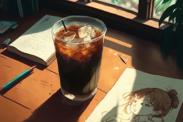 A refreshing glass of cold brew coffee with ice on a table at a cafe in sunny summer