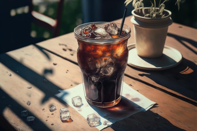 A refreshing glass of cold brew coffee with ice on a table at a cafe in sunny summer