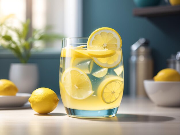 Photo refreshing glass of cold lemonade with lemon slice in kitchen setting