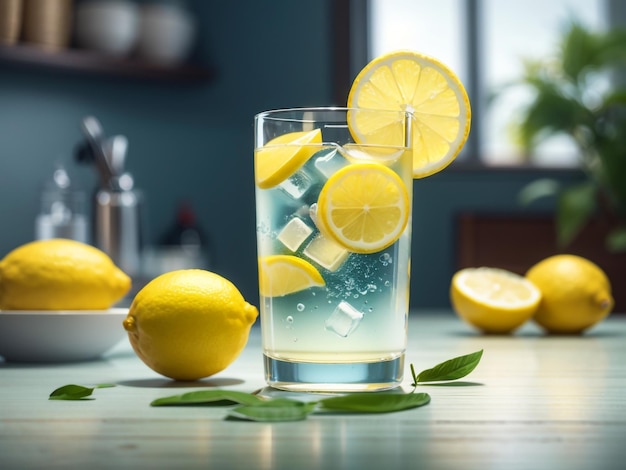 Photo refreshing glass of cold lemonade with lemon slice in kitchen setting