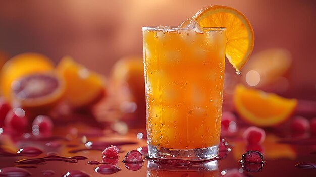 Refreshing glass of freshly squeezed orange juice with juicy oranges