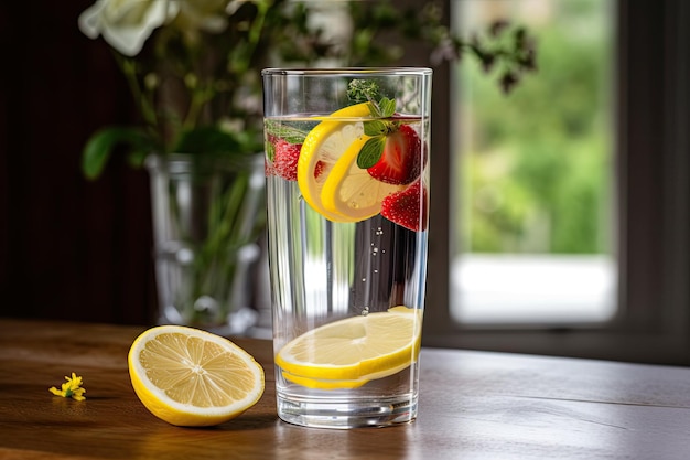 Refreshing glass of fruitinfused water with slice of lemon or lime created with generative ai