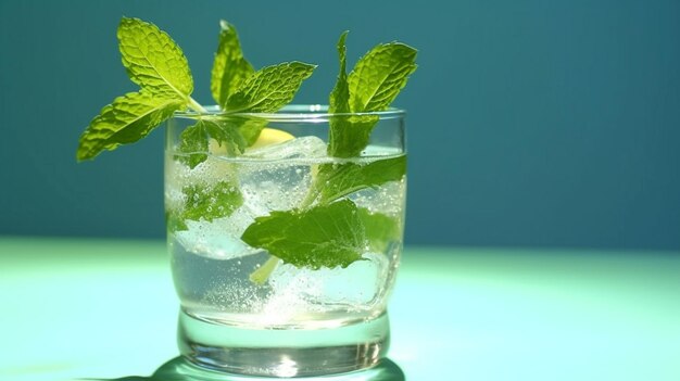 Foto un bicchiere rinfrescante di acqua ghiacciata infusa con foglie di menta fresca