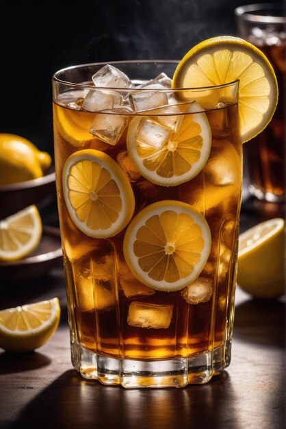 A refreshing glass of iced tea adorned with lemon slices and ice cubes