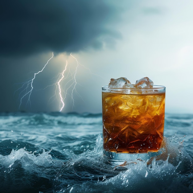 Refreshing Glass of Iced Tea With Lightning in Background