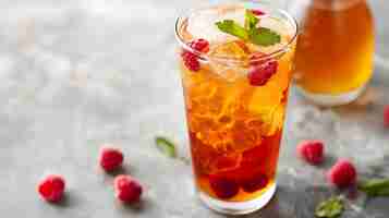 Photo a refreshing glass of iced tea with raspberries and mint on a gray table the perfect drink for a hot summer day