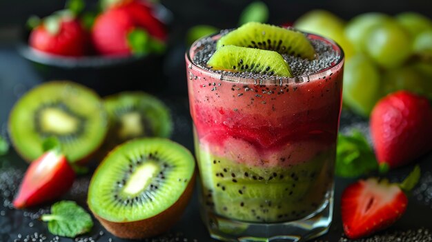 A refreshing glass of kiwi and strawberry layered smoothie