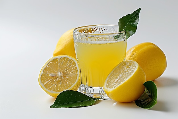 Refreshing Glass of Lemon Juice with Fresh Lemon and Leaf Isolated on White Background Created with