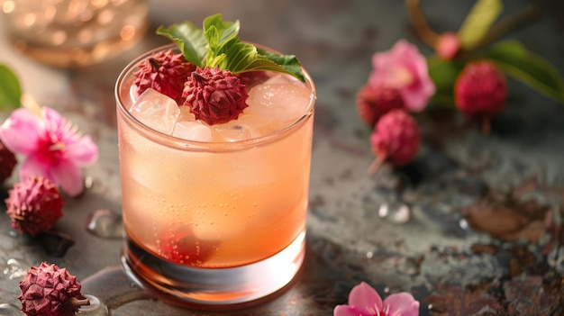 A refreshing glass of lychee and rosewater cocktail with lychee garnish