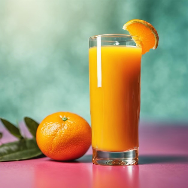 オレンジジュースの新鮮なグラスが活気のある虫の清潔な背景に座っています