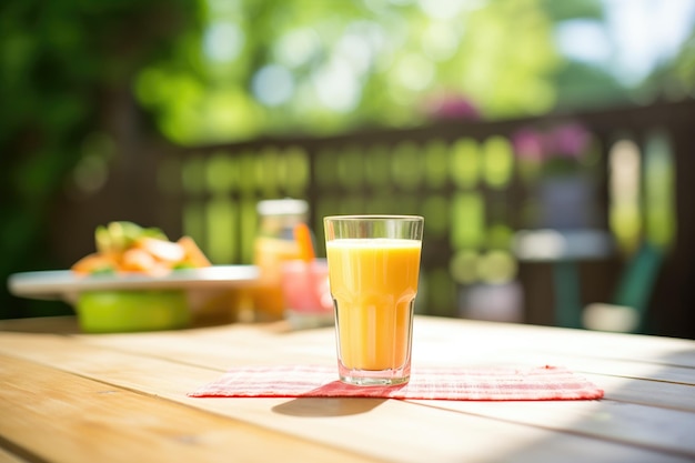 Освежающий стакан смузи на солнечном столе для пикника на открытом воздухе