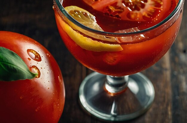 Photo a refreshing glass of tomato juice with a slice of lem
