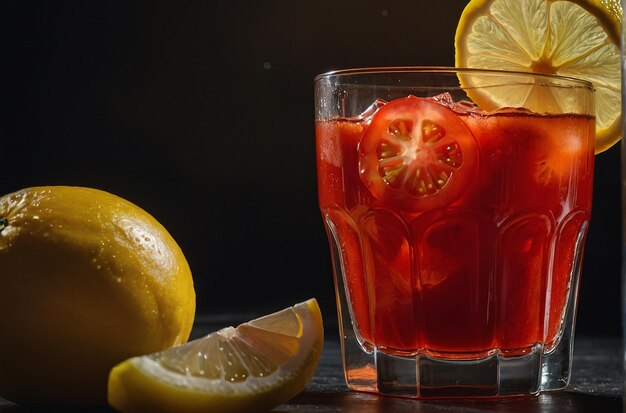 A refreshing glass of tomato juice with a slice of lem