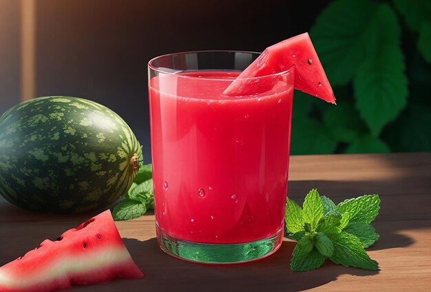 Refreshing A glass of watermelon juice with mint leaves on a wooden table