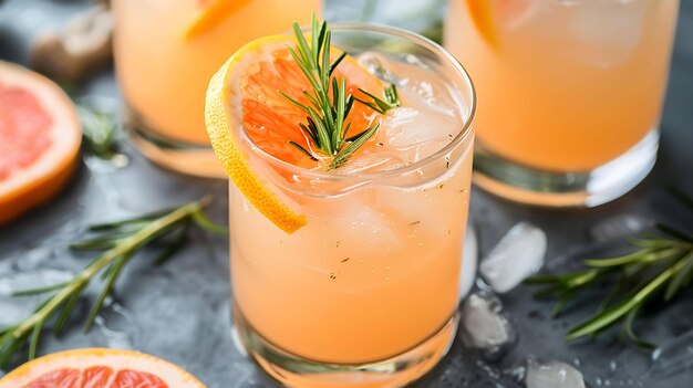 Photo refreshing grapefruit cocktail with rosemary and ice in a glass on a gray table