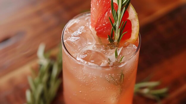 Refreshing grapefruit cocktail with rosemary and ice in a tall glass on a wooden table