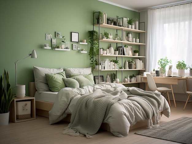 Refreshing green bedroom interior creatively designed AI Generated