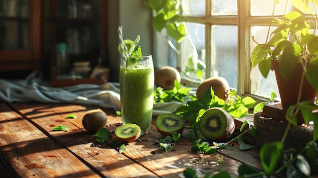 Refreshing Green Drink on Wooden Table