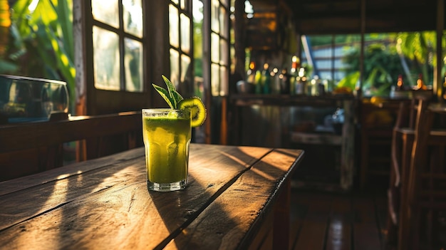 木製のテーブルの上で爽やかな緑の飲み物