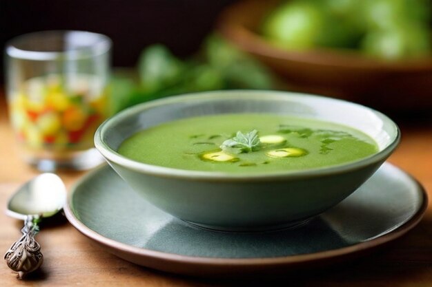 爽やかな緑のガズパチョの草の夏のスープ