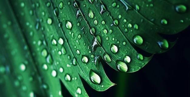 さわやかな緑の葉の背景に水の泡、雨や露の滴の自然な接写