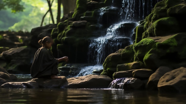 Refreshing Harmony Little Monk and Child Taking a Bath at Waterfall