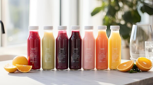 Photo a refreshing and healthy composition of a variety of juice cleanse in plastic bottles