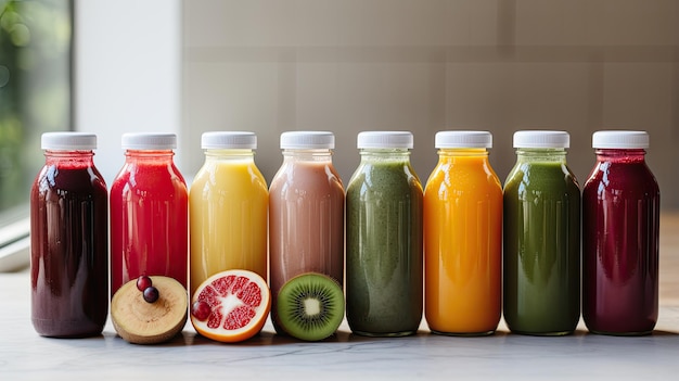 A refreshing and healthy composition of a variety of juice cleanse in plastic bottles