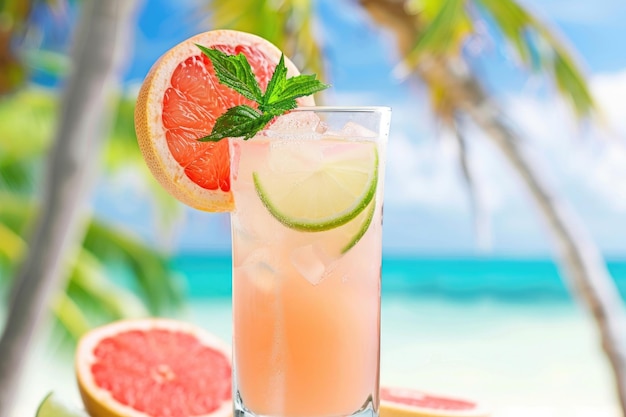 Foto una bevanda rinfrescante e sana fatta con succo di pompelmo, acqua di cocco e lime