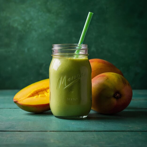 Refreshing and healthy mango smoothie in a glass with fresh fruit over stone background