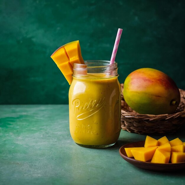 Photo refreshing and healthy mango smoothie in a glass with fresh fruit over stone background