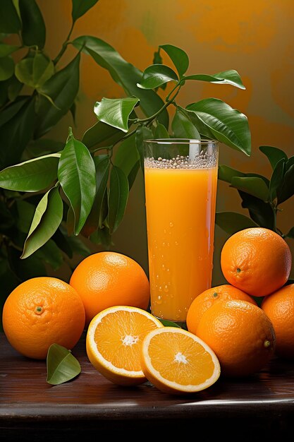 Refreshing and healthy orange juice in a glass with fresh fruit over stone leave background ai
