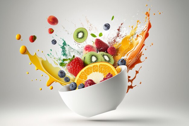 Refreshing healthy super food fruits burst from white bowl over bright blue background generative ai