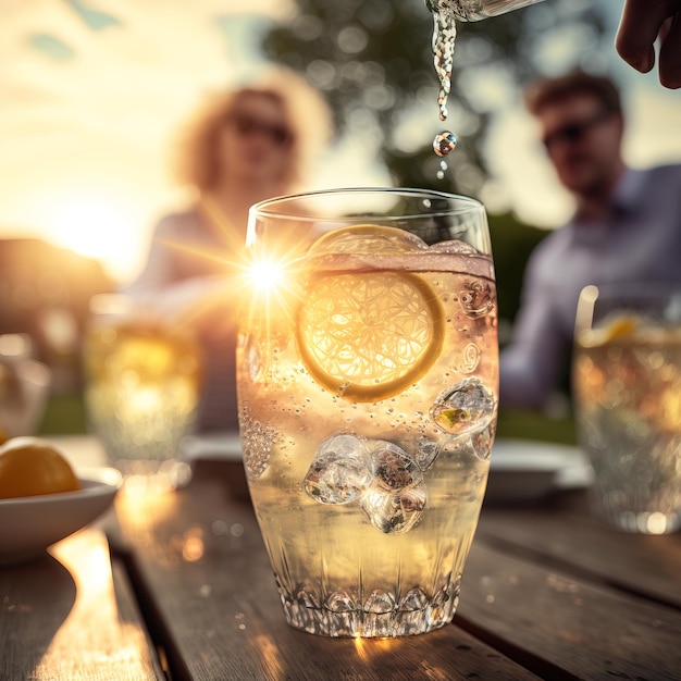 Refreshing homemade lemonade made of lemon slices sparkling water served in glass Generative AI