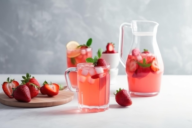 Foto rinfrescante bevanda alla fragola fatta in casa con ghiaccio in una brocca e tazze di vetro in una cucina luminosa