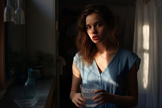 Refreshing Hydration The Stunning Image of a Youthful Woman Enjoying Water in Her Kitchen