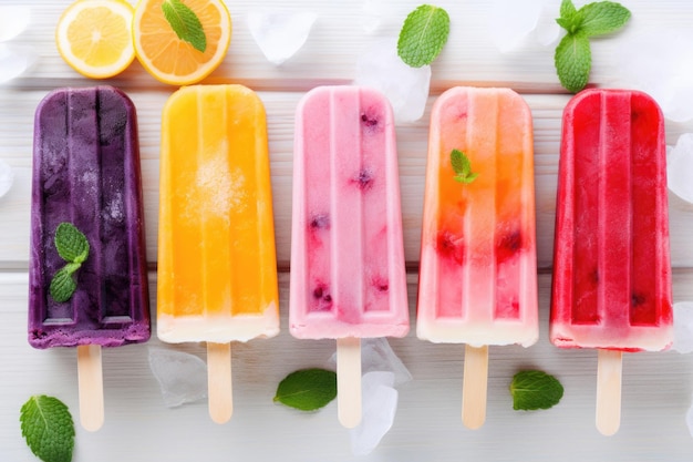 Refreshing ice popsicle on a stick with lime grapefruit orange and mint