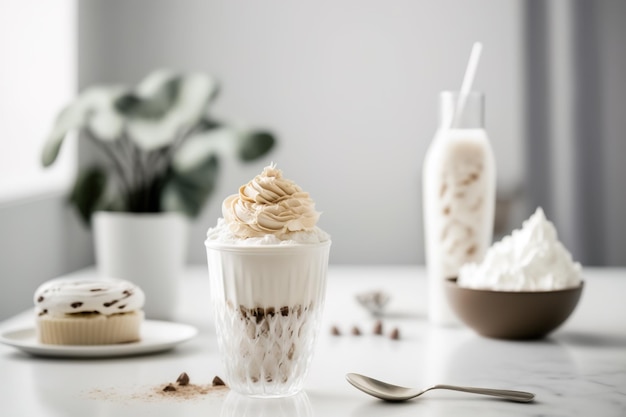 Refreshing iced cappuccino on a white table