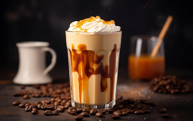 Refreshing Iced Coffee with Caramel Splash Generative AI