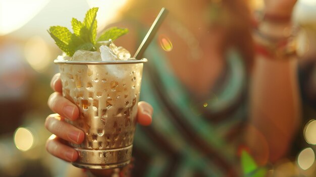 A refreshing iced mint julep cocktail in hand capturing the essence of summer bliss at golden hour