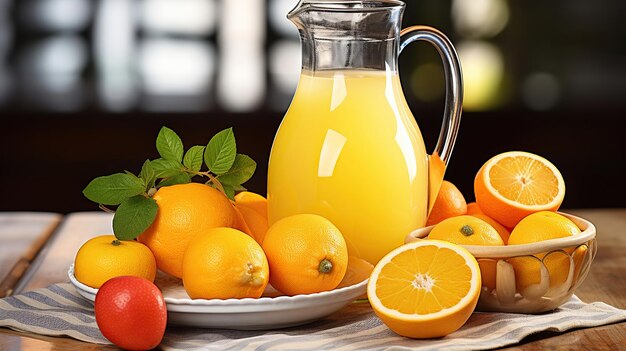 A refreshing jug of orange juice and vibrant sliced fruits