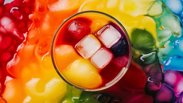 The refreshing juice with ice on a bright multi colored background