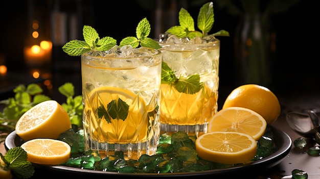 Refreshing lemon cocktail with ice mint and citrus garnish