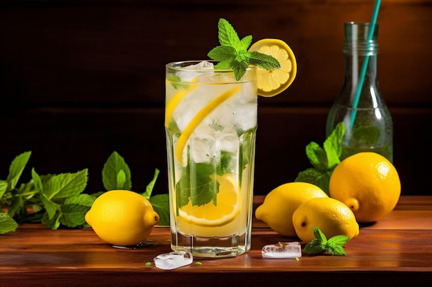 테이블 에 있는 컵 에 있는 신선 한 레몬 음료