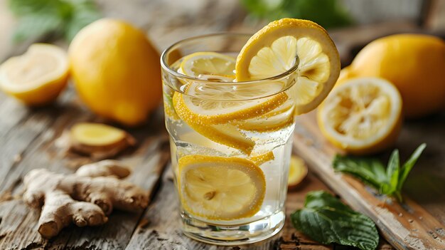 Refreshing Lemon and Ginger Water on Wooden Surface